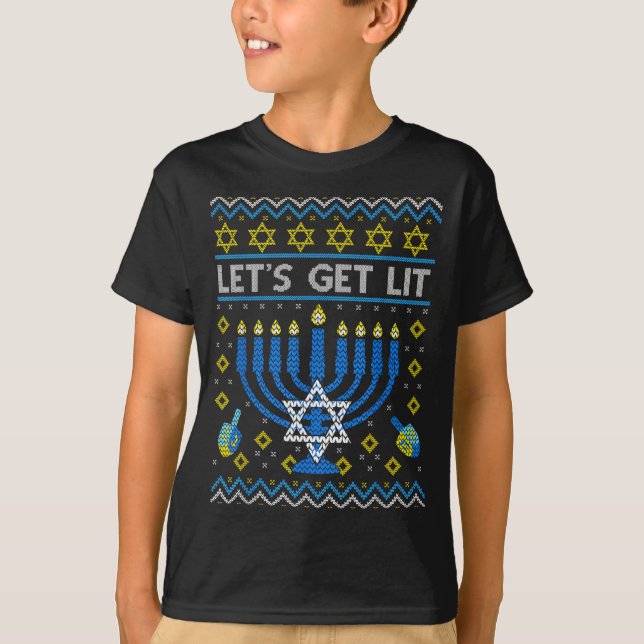 Camiseta Let's Get Lit Funny Jewish Holiday Chanukah Ugly H (Anverso)