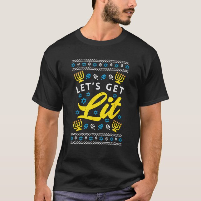 Camiseta Lets Get Lit Menorah Jewish Pun Ugly Hanukkah Chan (Anverso)