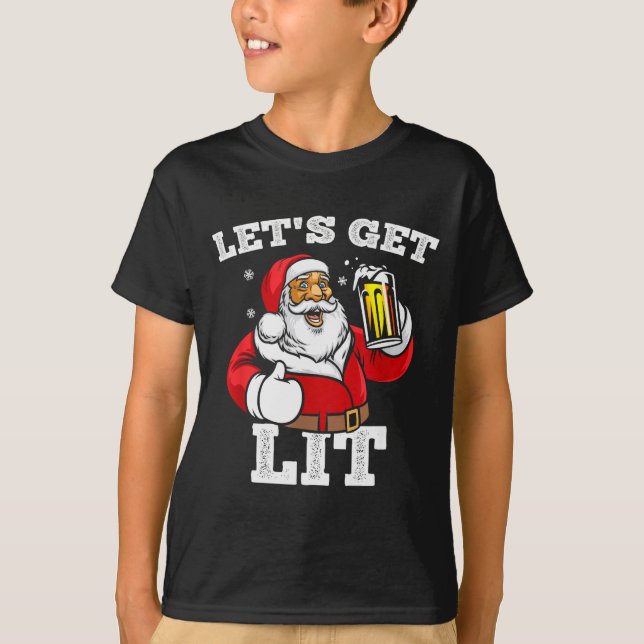 Camiseta Let's Get Lit Santa Claus Drinking Beer Christmas  (Anverso)