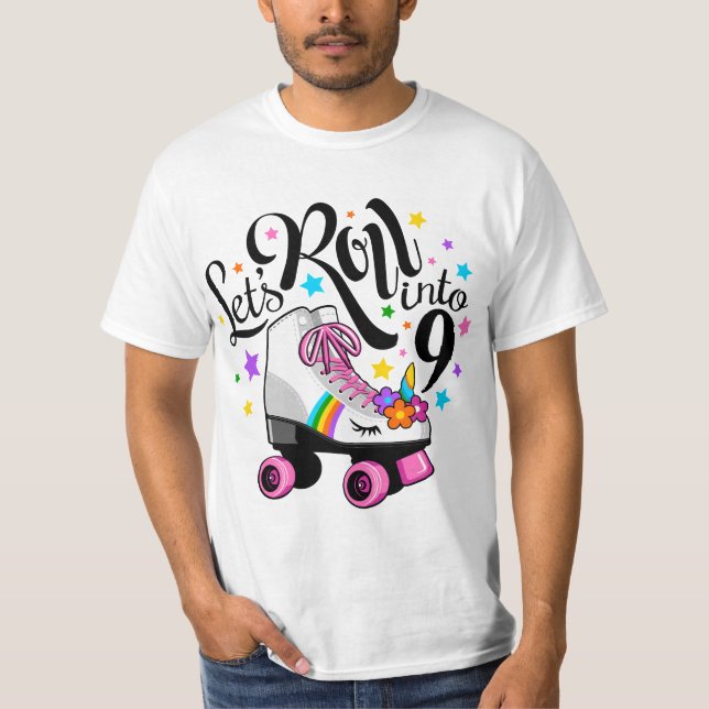 Camiseta Lets roll into 9 Birthday. Unicorn, Roller skate  (Anverso)