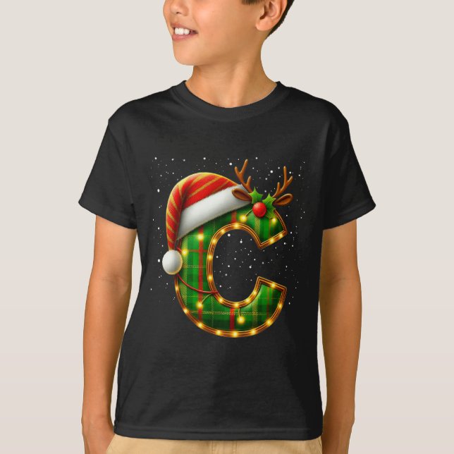 Camiseta Letter C Christmas Plaid Santa Hat Monogram Initia (Anverso)
