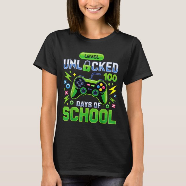 Camiseta Level 100 Days Of School Unlocked Funny Video Game (Anverso)