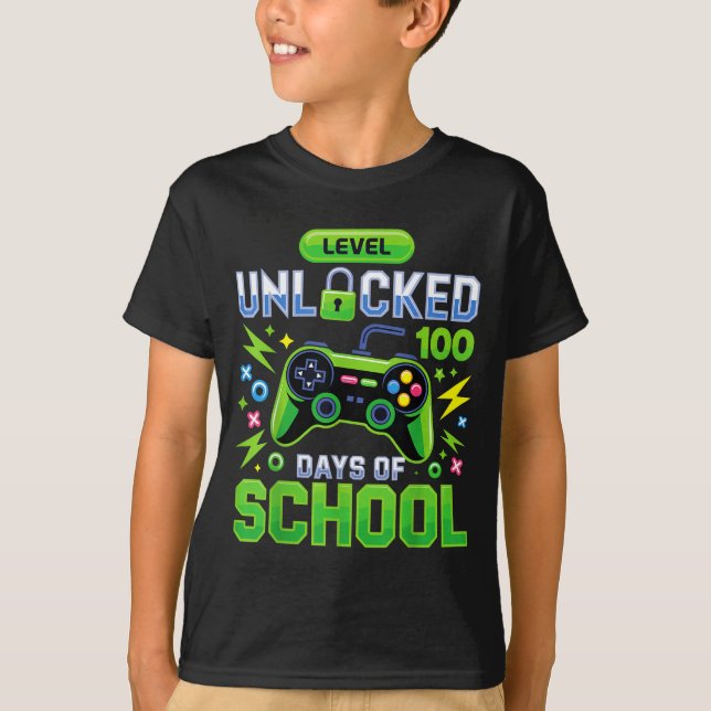 Camiseta Level 100 Days Of School Unlocked Funny Video Game (Anverso)