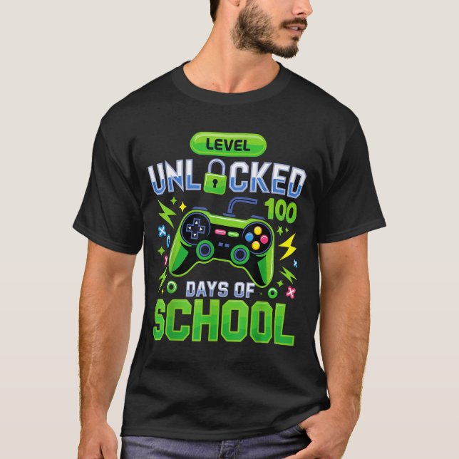 Camiseta Level 100 Days Of School Unlocked Funny Video Game (Anverso)