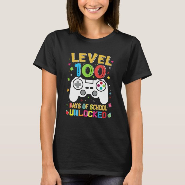 Camiseta Level 100 Days Of School Unlocked Gamer 100th Day  (Anverso)