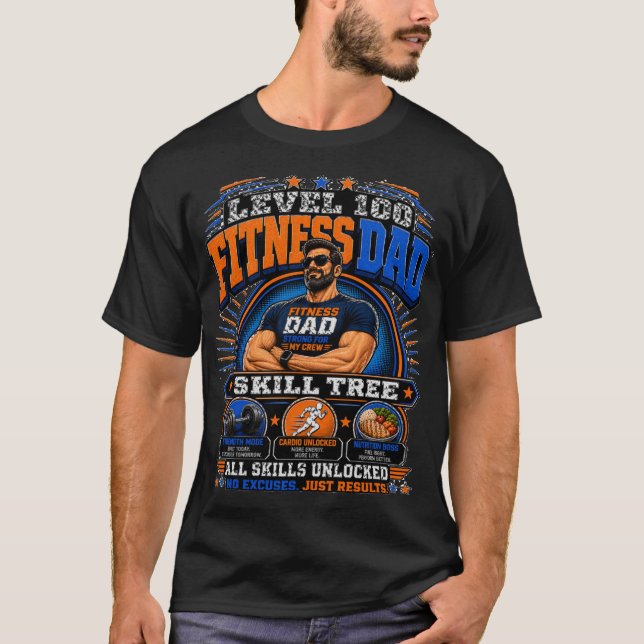 Camiseta Level 100 Fitness Dad – Skill Tree Gym Da (Anverso)