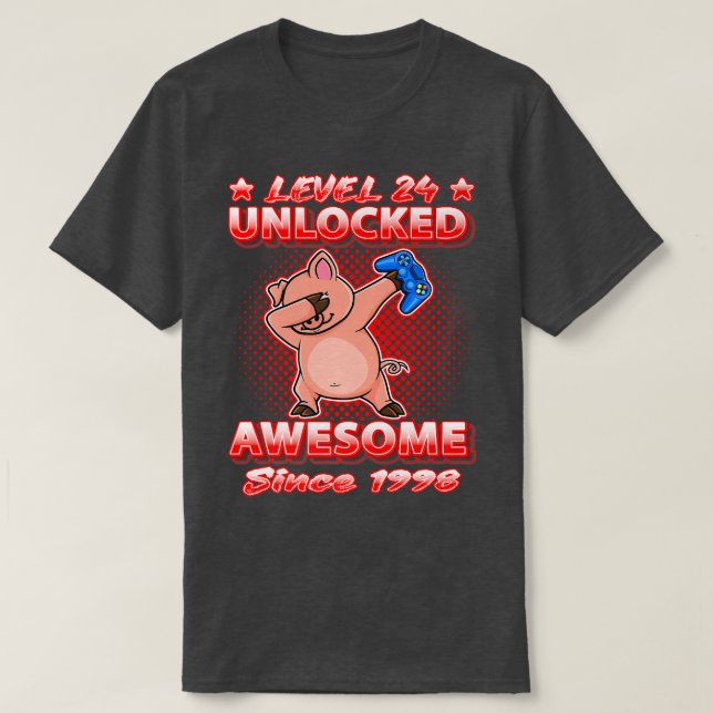Camiseta Level 24 Unlocked Gamers Born 1998 Dabbing Pig 24t (Diseño del anverso)