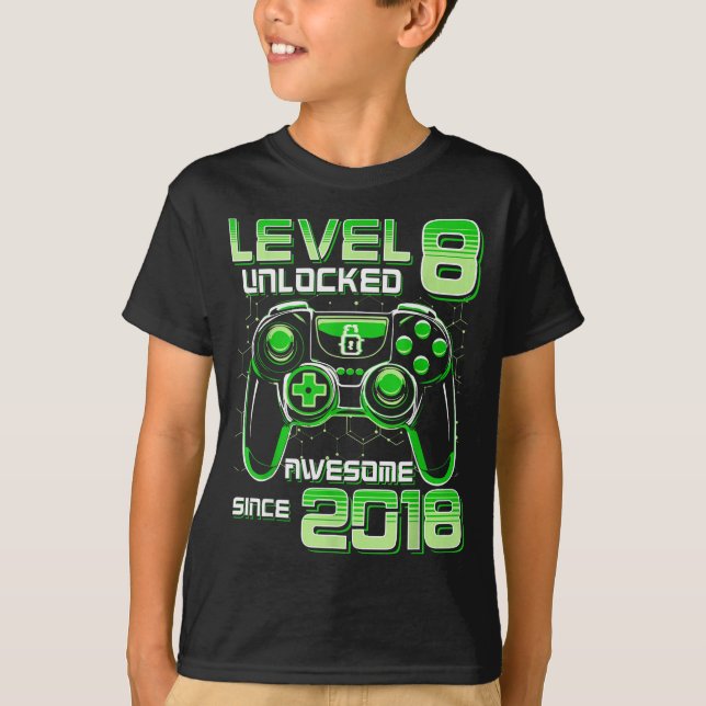 Camiseta Level 8 Unlocked Awesome Since 2018 8th Birthday G (Anverso)