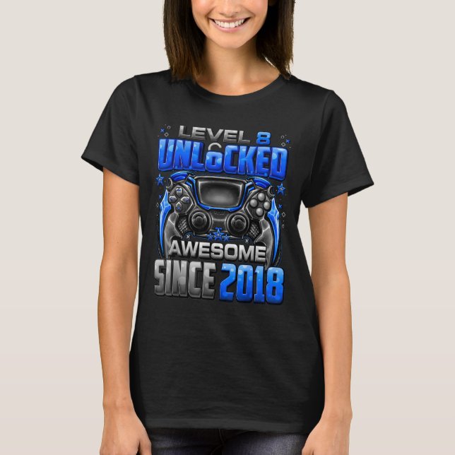 Camiseta Level 8 Unlocked Awesome Since 2018 8th Birthday G (Anverso)