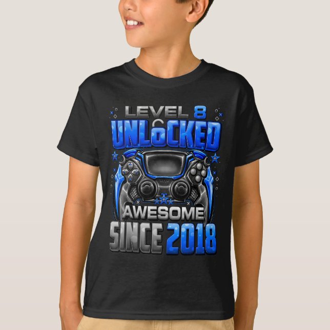 Camiseta Level 8 Unlocked Awesome Since 2018 8th Birthday G (Anverso)