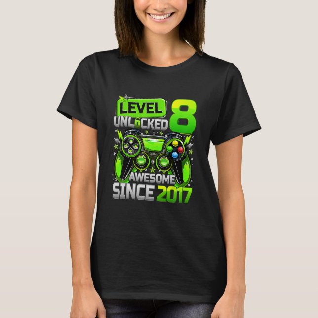 Camiseta Level 8 Unlocked Awesome Since 8th Birthday Gaming (Anverso)