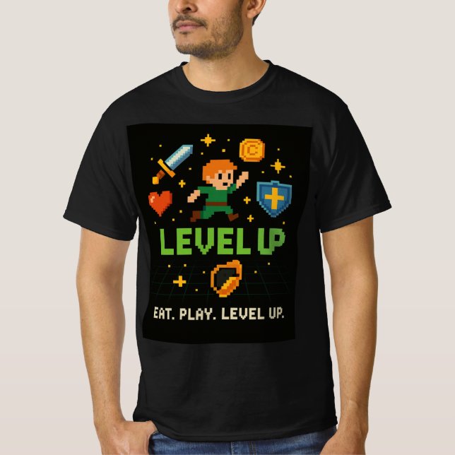 Camiseta Level Up Gamer Men’s T-Shirt – Pixel Retro Style (Anverso)