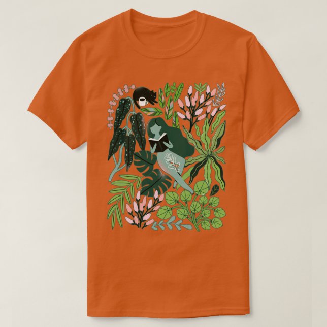 Camiseta Leyendo chicas entre las plantas con gatos en el j (Diseño del anverso)