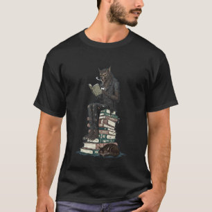 Camiseta Leyendo Hombre Lobo con Café y Gato en Pila de Lib