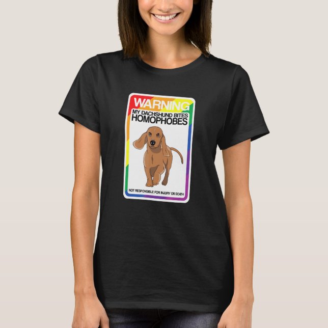 Camiseta Lgbt Advertencia De Arcoiris Dachshund Morde Homóf (Anverso)