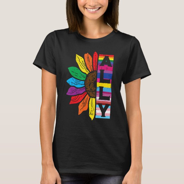 Camiseta Lgbt Gay Ally Sunflower Rainbow Pride Flag Men Wom (Anverso)
