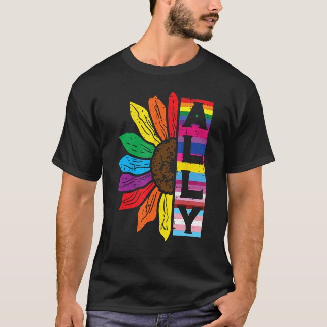 Camiseta Lgbt Gay Ally Sunflower Rainbow Pride Flag Men Wom (Anverso)