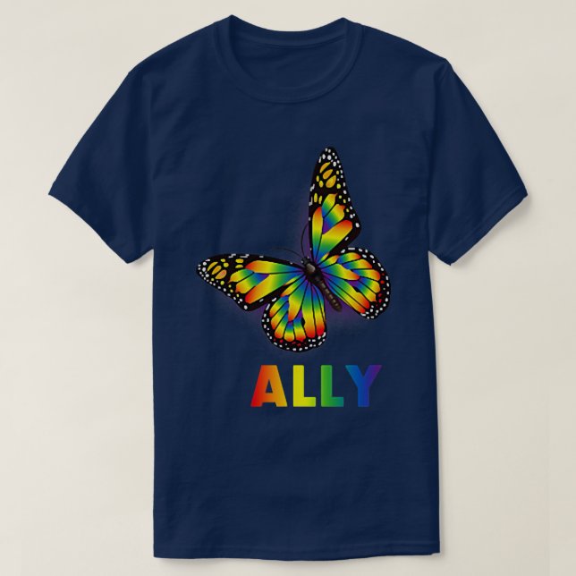 Camiseta LGBTQ+ Ally Rainbow Flag Butterfly Design Pride  (Diseño del anverso)