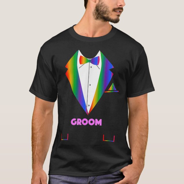 Camiseta LGBTQ Groom Tuxedo Arcoiris Orgullo Gay Lésbico (Anverso)