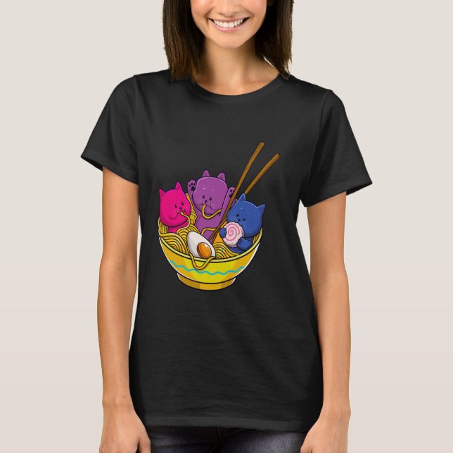 Camiseta LGBTQ Rainbow Bisexual Pride Flag Cats In Ramen An (Anverso)
