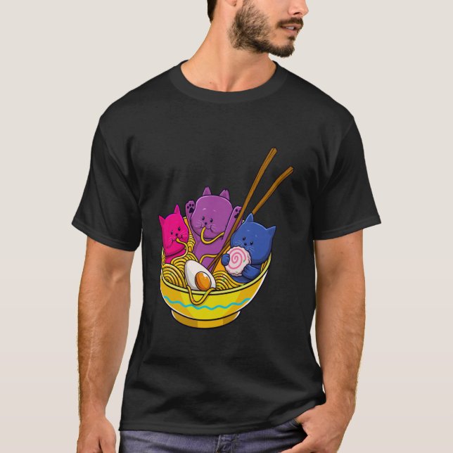 Camiseta LGBTQ Rainbow Bisexual Pride Flag Cats In Ramen An (Anverso)
