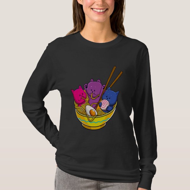 Camiseta LGBTQ Rainbow Bisexual Pride Flag Cats In Ramen An (Anverso)