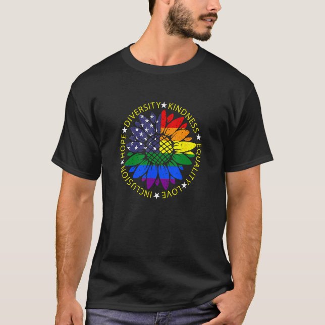 Camiseta LGBTQ Sunflower USA Pride Rainbow Flag Patriotic A (Anverso)