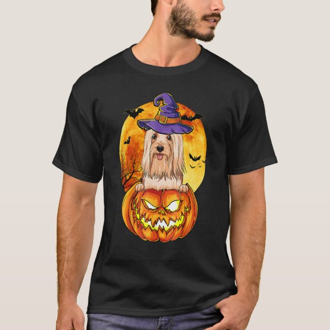 Camiseta Lhasa Apso Witch Pumpkin Halloween Perro (Anverso)