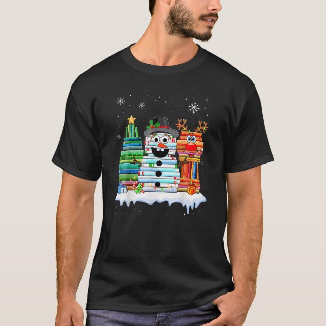 Camiseta Lib de pila de libros de muñeco de nieve de árbol  (Anverso)