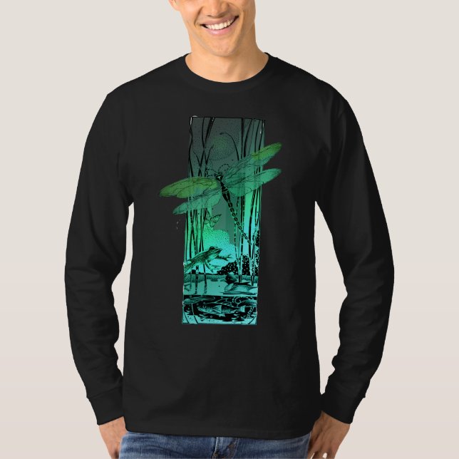 Camiseta Libélula y rana verdes en la charca (Anverso)