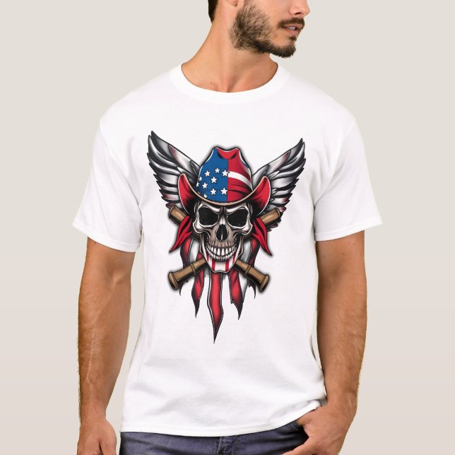 Camiseta Libertad salvaje, cráneo americano con bates de bé (Anverso)