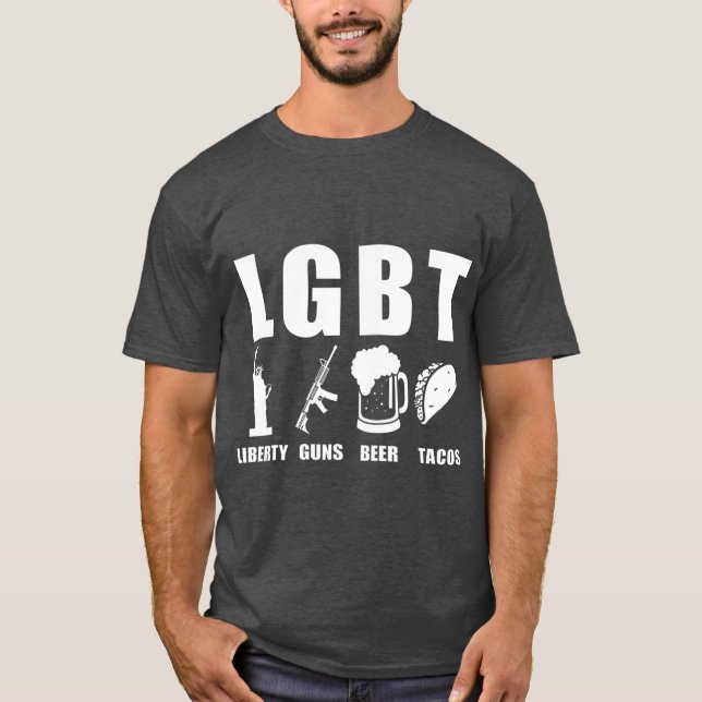 Camiseta Liberty Guns Beer Tacos LGBT Funny Parody Gift (Anverso)
