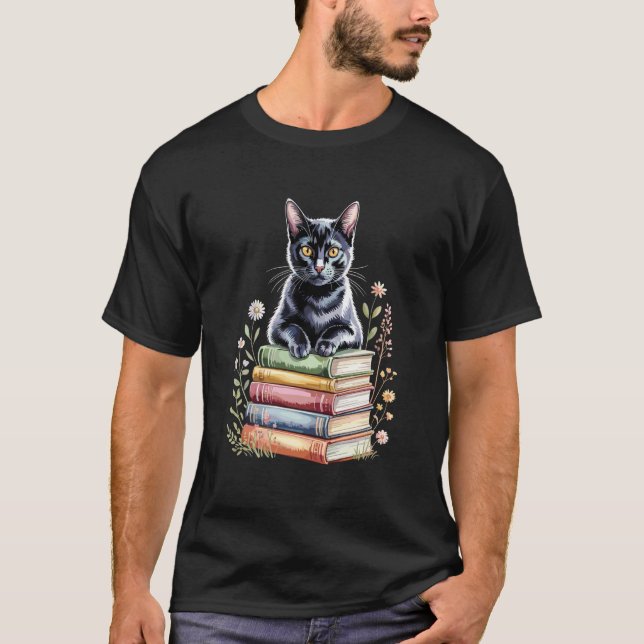 Camiseta Libro de Gato Bombay Gusano de Libros Flores Libro (Anverso)