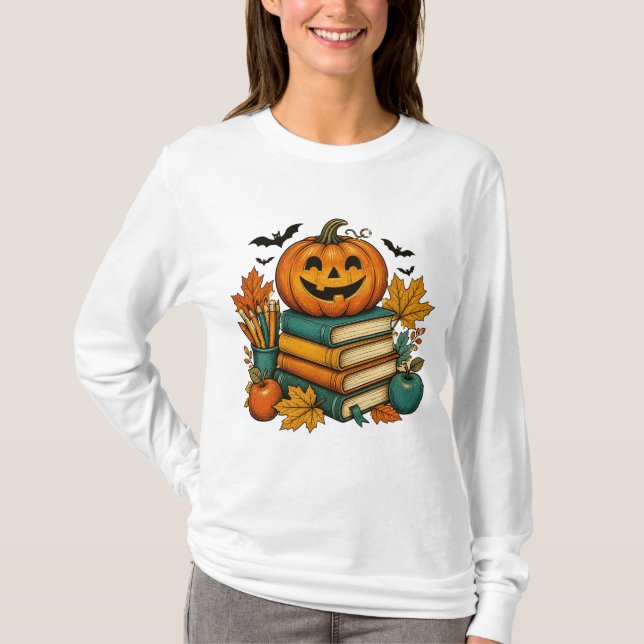 Camiseta Libro Temático de Fiesta de Halloween para Maestro (Anverso)