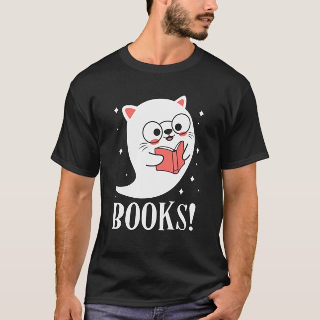 Camiseta Libros Cute Gato Fantasma Leyendo Libros Halloween (Anverso)