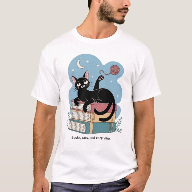 Camiseta "Libros, gatos y vibraciones acogedoras - Gato cap (Anverso)