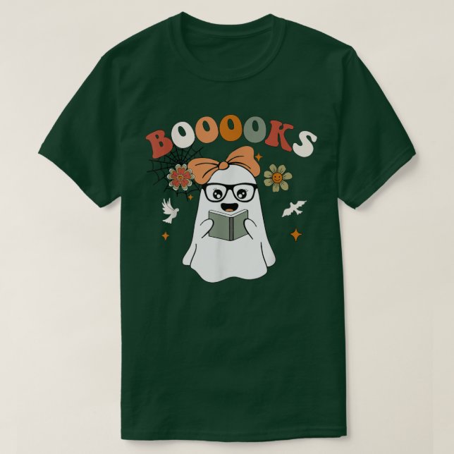 Camiseta Libros Groovy Ghost Reading Library Books Hallowee (Diseño del anverso)