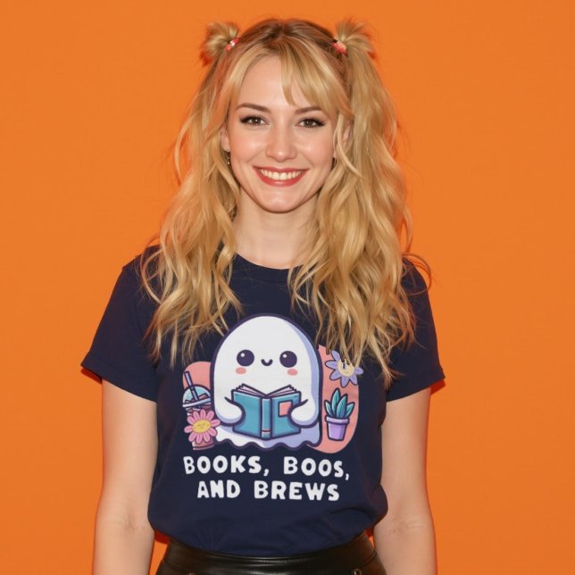 Camiseta Libros libros y hace crecer leyendo café fantasma (Books Boos and Brews Groovy Reading Coffee Ghost T-Shirt.)