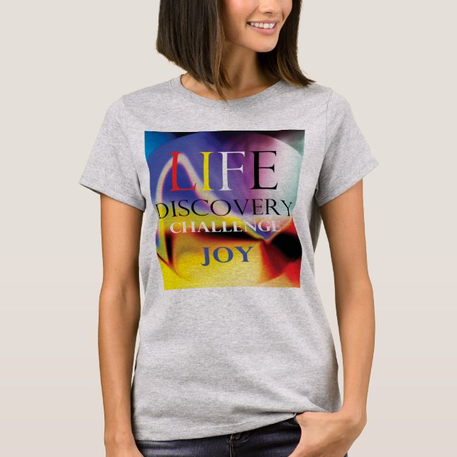 Camiseta "Life Discovery Challenge Joy" Arte Amarillo Rojo  (Anverso)