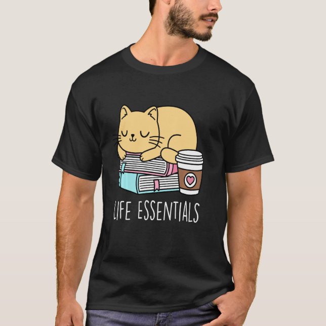 Camiseta Life Essentials Cute Café Cat Y Book Lover Boo (Anverso)