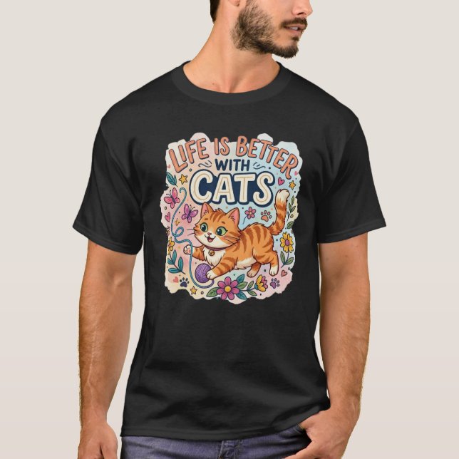 Camiseta  Life is Better With Cats Watercolor Illustration (Anverso)