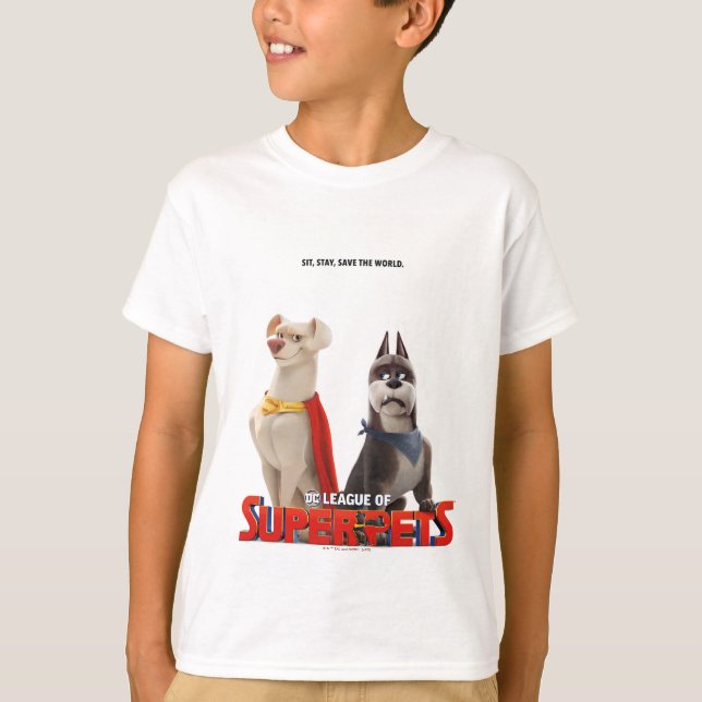 Camiseta Liga DC de Super Mascotas Arte Teatral (Anverso)