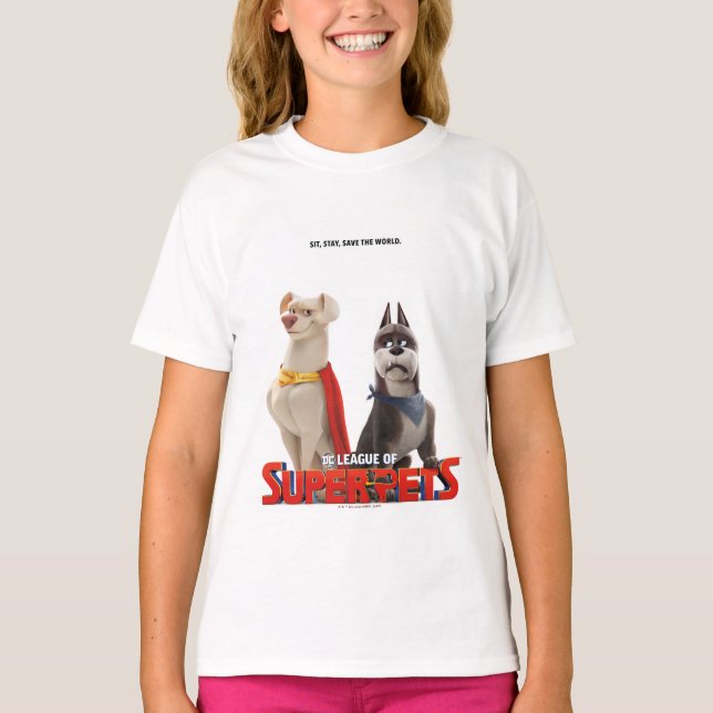 Camiseta Liga DC de Super Mascotas Arte Teatral (Anverso)