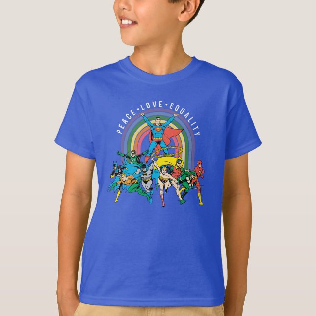 Camiseta Liga de Justicia Original - Paz, Amor, Igualdad (Anverso)