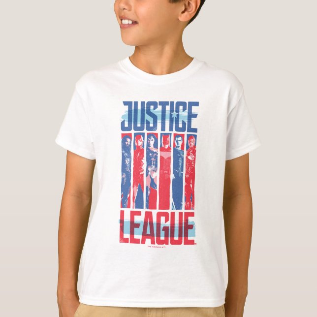 Camiseta Liga de la Justicia | Arte pop de grupo azul y roj (Anverso)