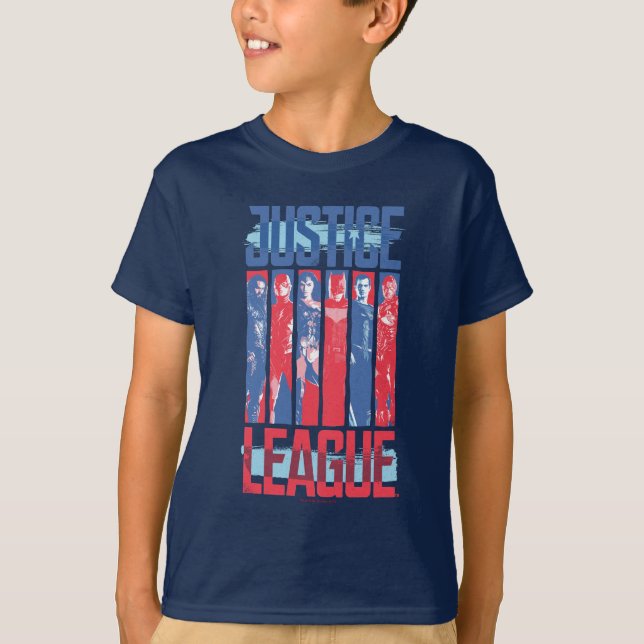 Camiseta Liga de la Justicia | Arte pop de grupo azul y roj (Anverso)