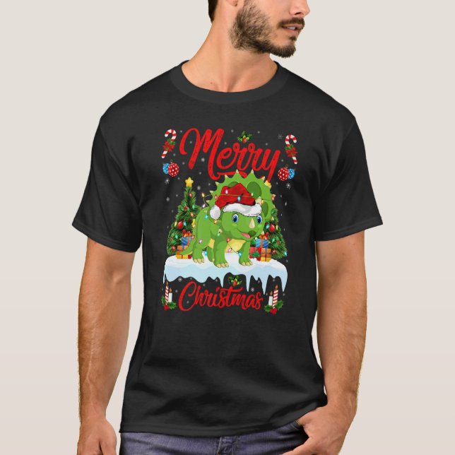 Camiseta Lights Xmas Tree Santa Triceratops Dinosaur Christ (Anverso)
