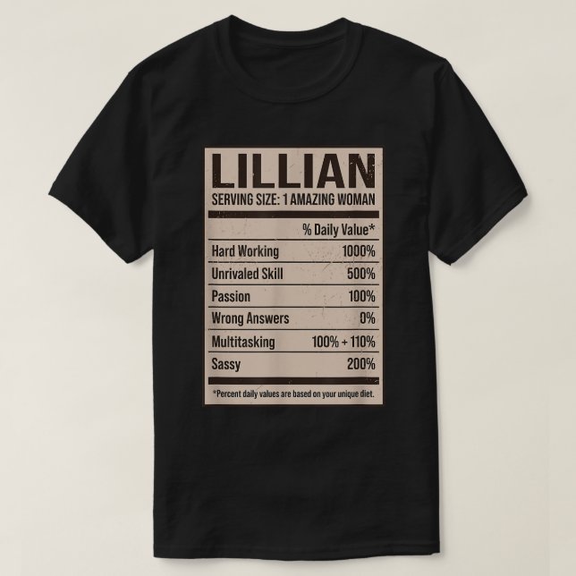 Camiseta Lillian Nutrition Facts Name Nickname Alias Title (Diseño del anverso)