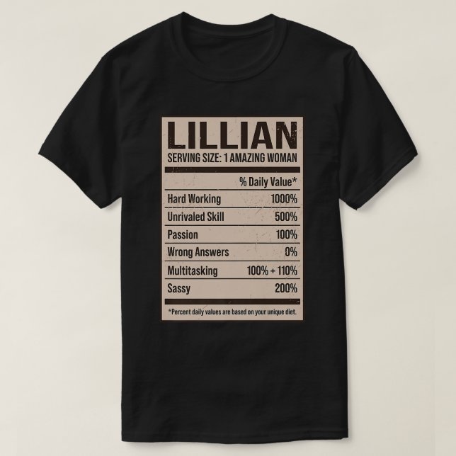 Camiseta Lillian Nutrition Facts Name Nickname Alias Title (Diseño del anverso)