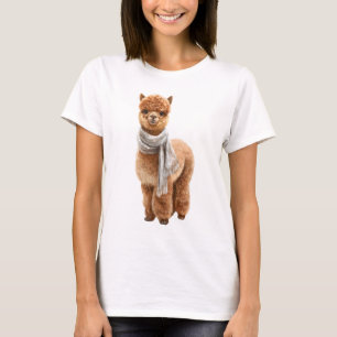 Camiseta Linda Alpaca Marrón con Bufanda Blanca